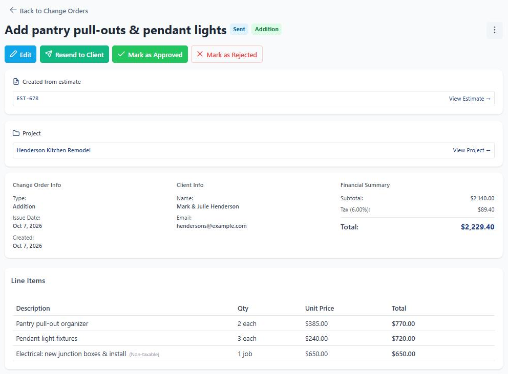 Change order "Add pantry pull-outs & pendant lights" created from estimate EST-678 and linked to a project, with line items and a total of $2,229.40.