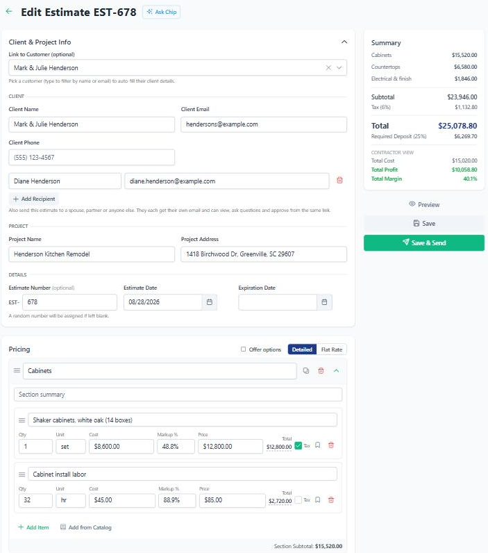 The Edit Estimate screen for EST-678, with the client and an extra recipient (Diane Henderson), an Ask Chip button, line items showing cost, markup and price with the Tax box left unchecked on labor, an Add from Catalog button, and a summary with a $25,078.80 total, a 25% required deposit and a 40.1% margin