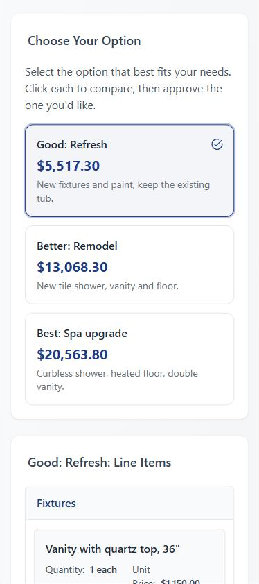 A client on their phone at the Choose Your Option step, with Good, Better and Best cards each showing its price