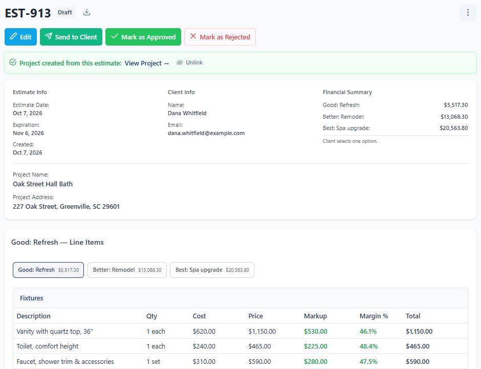 A BuilderBase estimate offering Good, Better, and Best options, each with its own total and line items