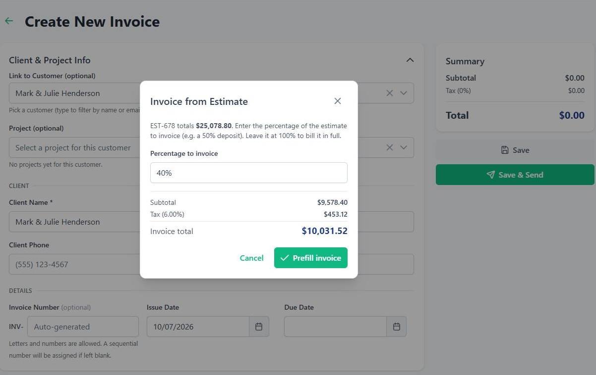 The Invoice from Estimate dialog for estimate EST-678, totaling $25,078.80, with 40% entered to produce a $10,031.52 invoice and a Prefill invoice button