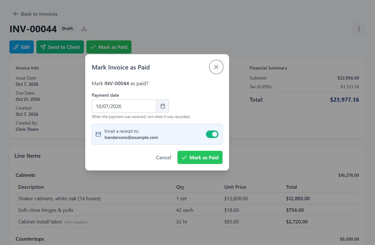 The Mark Invoice as Paid dialog, with a payment date picker and a switch to email a receipt to the client