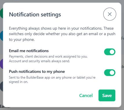 The Notification settings dialog with two switches: email me notifications, and push notifications to my phone