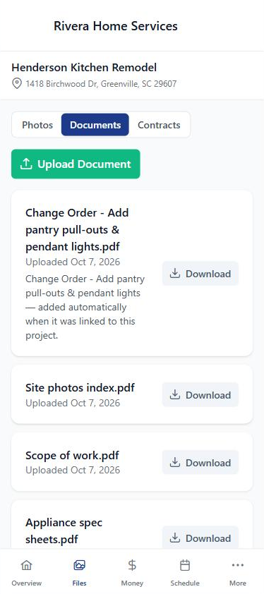 Client portal Documents tab on a phone: an automatically filed change-order PDF, a scope of work and appliance spec sheets, each with a Download button