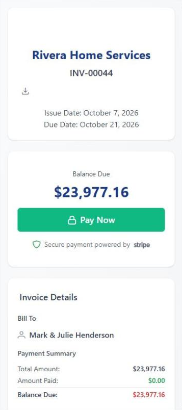 A client paying an invoice from their phone in the BuilderBase client portal