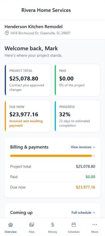 The client portal on a phone welcoming the homeowner back, with the project total, amount paid, amount due now, and job progress