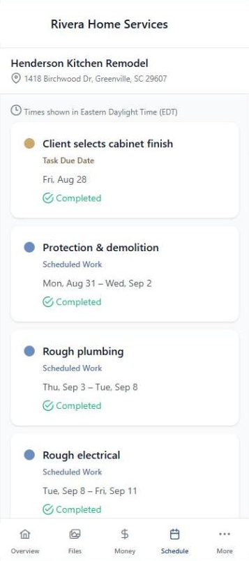 BuilderBase client portal schedule on a phone, listing upcoming and completed visits with their dates, with times shown in Eastern Daylight Time