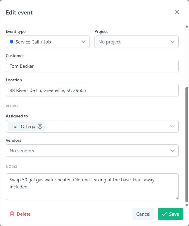 BuilderBase edit event form with the job assigned to Luis Ortega, plus fields for vendors and notes