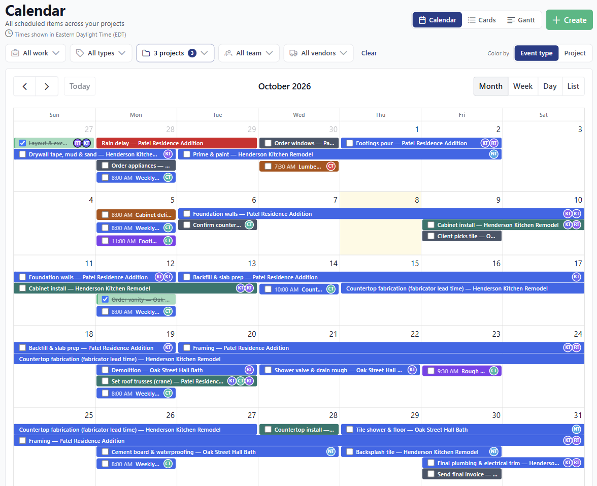 The BuilderBase company calendar with a month of color-coded jobs and the crew assigned to each