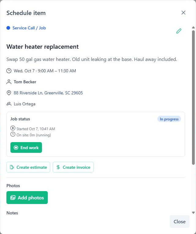 BuilderBase job dialog for a water heater replacement marked In progress, showing it started at 10:41 AM, an End work button, Create estimate and Create invoice actions, an Add photos button and job notes