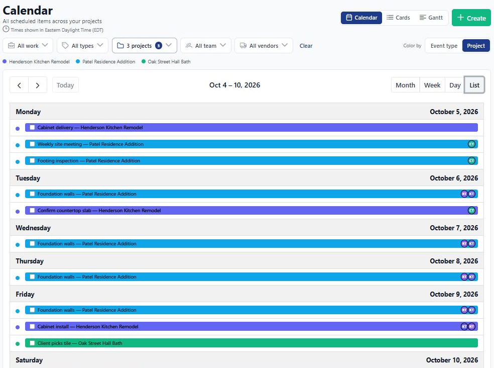 BuilderBase calendar in List view with the filter bar across the top, a color-by-project legend, and each day's jobs listed with times and assignee avatars
