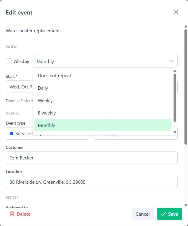 BuilderBase edit event form with the repeat dropdown open, offering Does not repeat, Daily, Weekly, Biweekly and Monthly