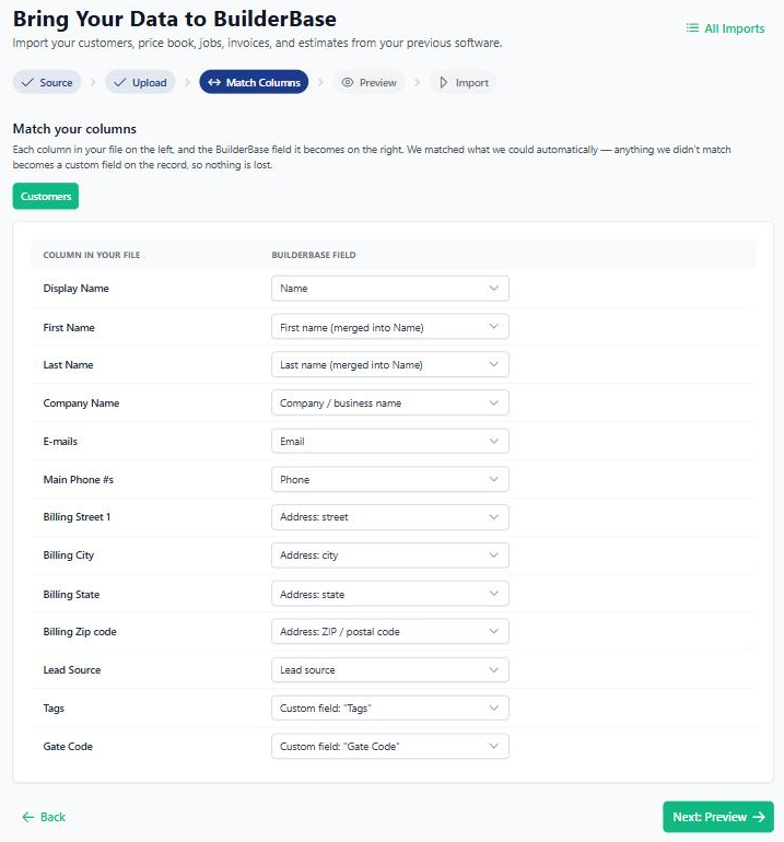 The column-matching step of the BuilderBase import, with each column from the uploaded file paired with a suggested BuilderBase field that can be changed