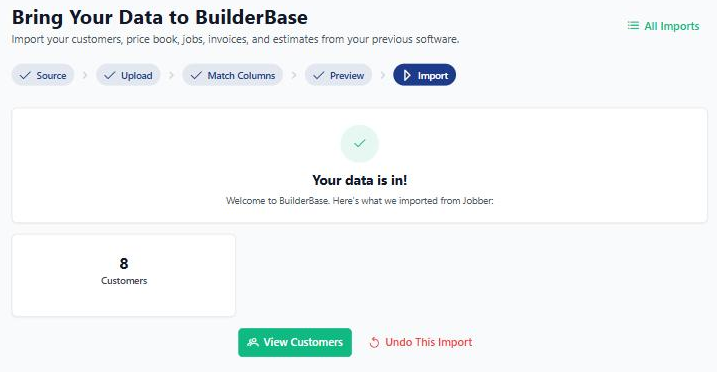 The BuilderBase import result summary showing 8 customers imported from Jobber, with View Customers and Undo This Import buttons