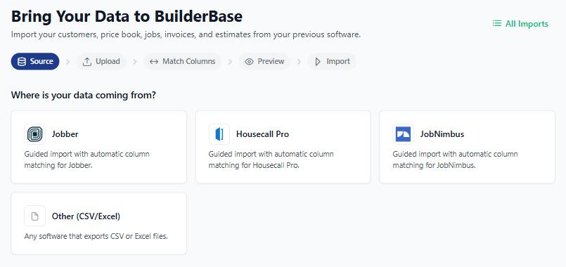 The BuilderBase Data Import wizard asking which tool you're switching from, with Jobber, Housecall Pro, JobNimbus and Other (CSV or Excel) as choices