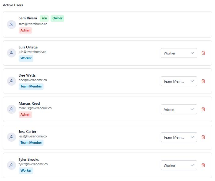 The BuilderBase Team Members settings page listing six people, including an owner, admins, team members, and workers, each with a role dropdown