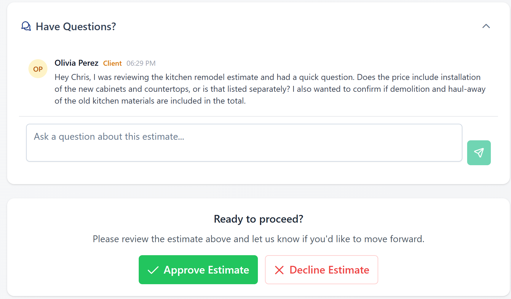 Construction proposal software that lets clients ask questions through a built-in chat on the proposal