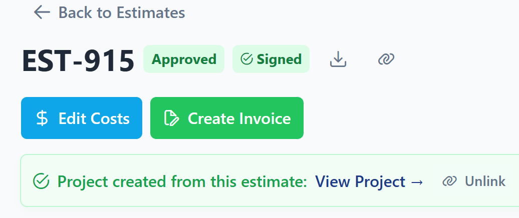 Converting an approved construction proposal into an active project with the budget pre-loaded
