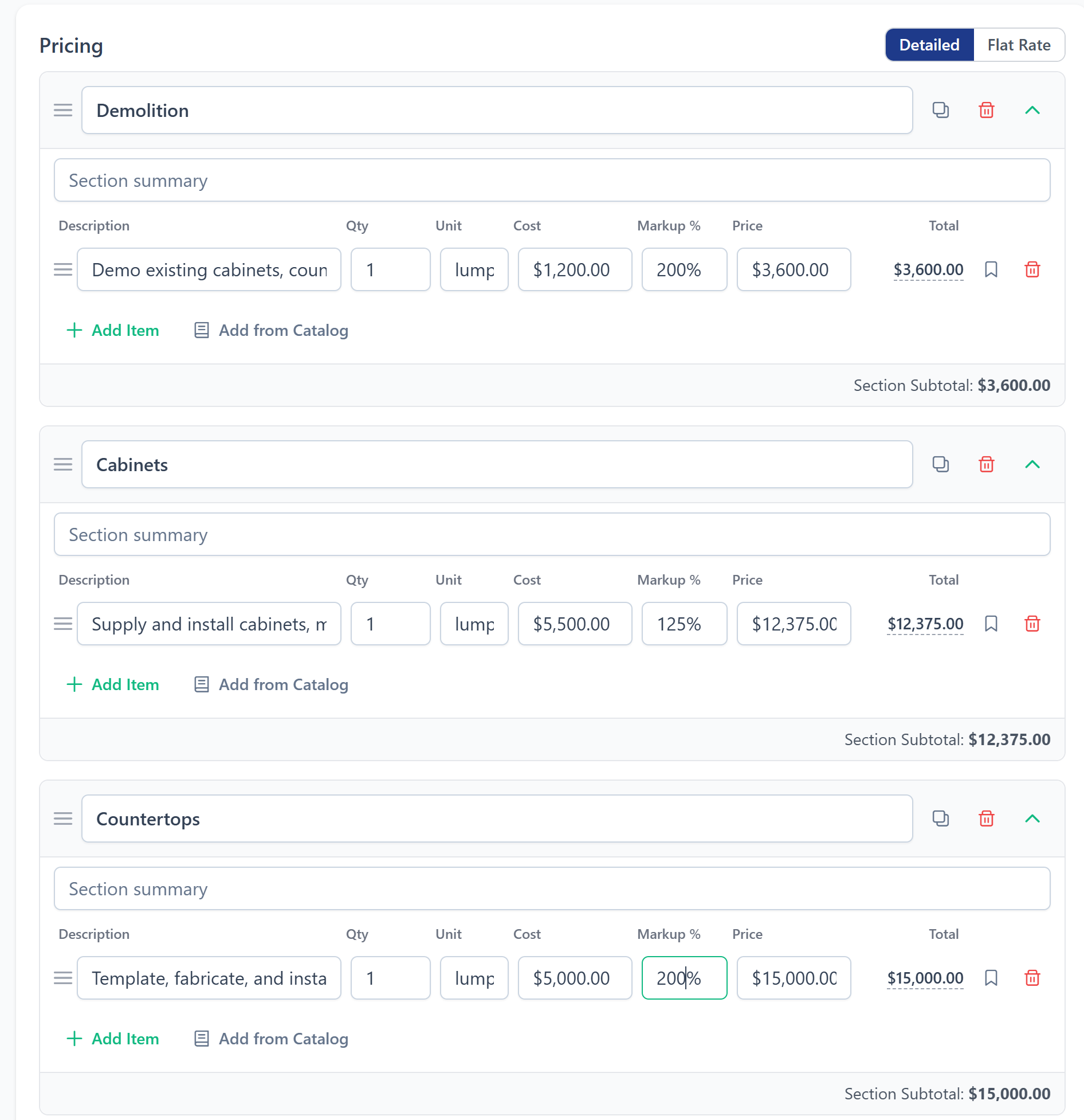 Easy-to-use construction proposal software showing a line-item estimate editor with markup and margin tracking