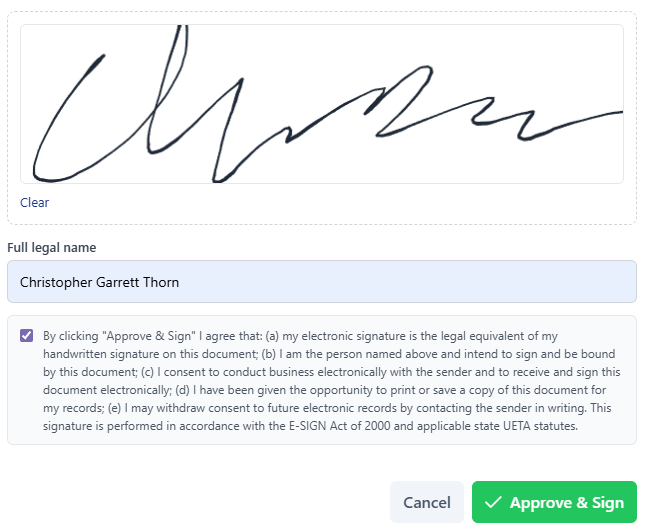 Homeowner approving and e-signing a painting estimate with an electronic signature, ESIGN/UETA compliant