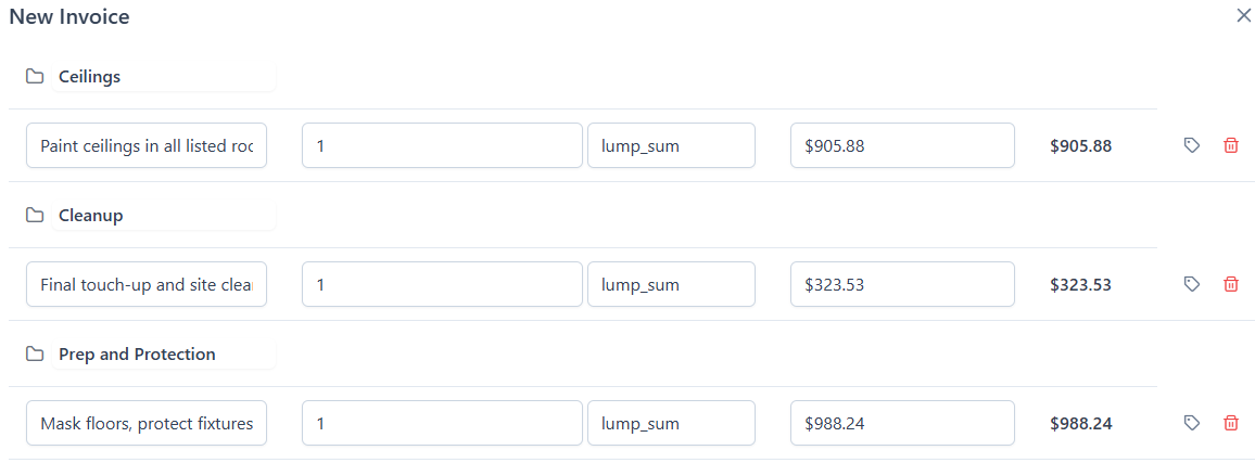 BuilderBase painting invoice with line items grouped by scope (ceilings, cleanup, prep and protection), each with lump-sum pricing, ready to sync to QuickBooks Online