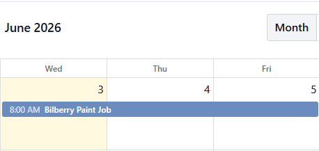 BuilderBase calendar showing a painting job scheduled, Bilberry Paint Job at 8:00 AM