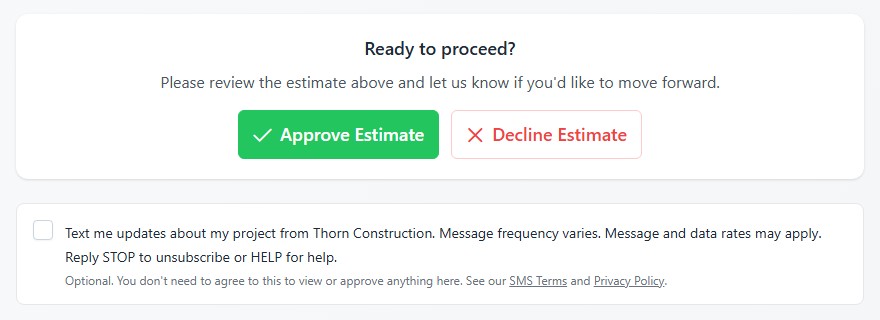 Estimate page sent to a customer, showing the same unchecked text message opt-in checkbox beneath the estimate