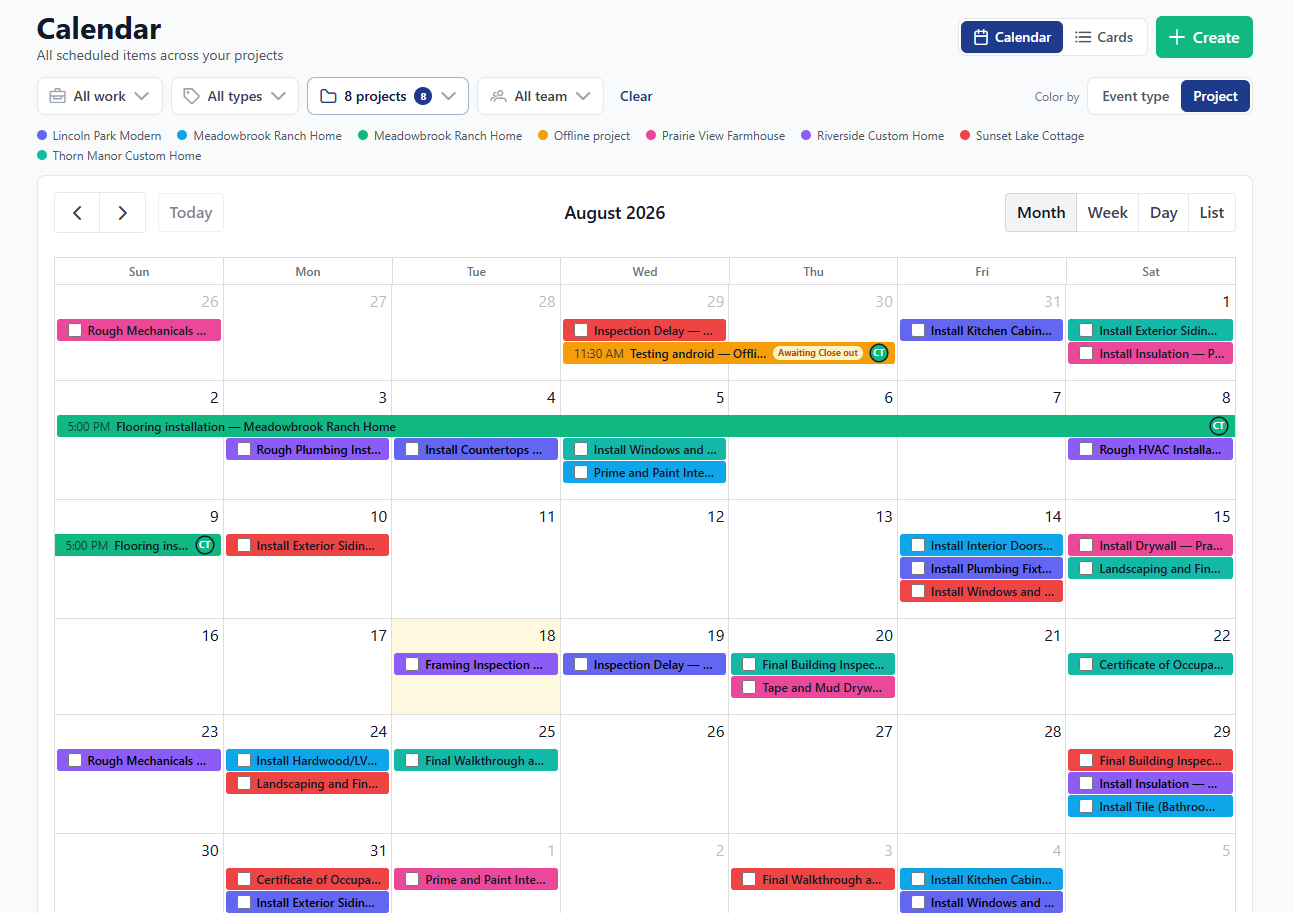 A month view of the BuilderBase calendar with work across eight projects, colour-coded by project