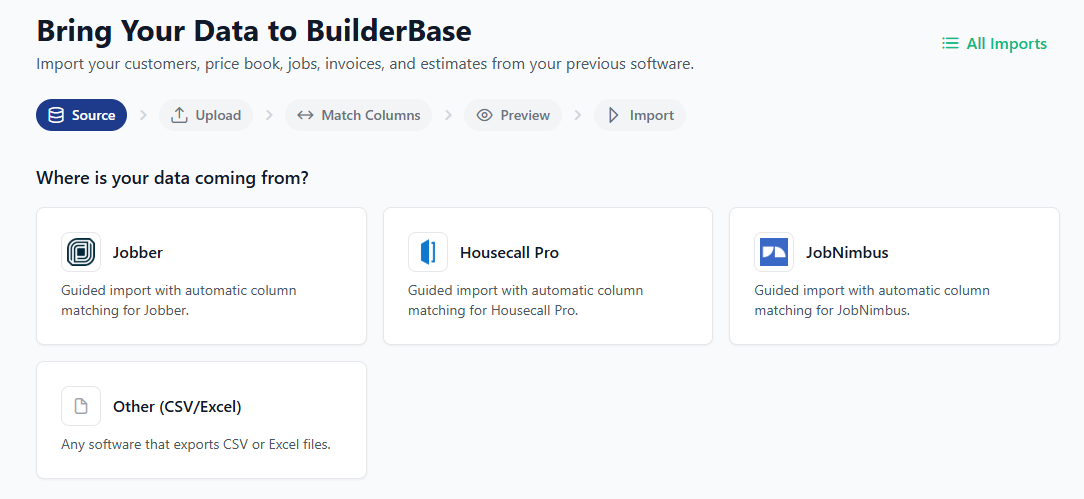The BuilderBase import wizard asking where your data is coming from, with Jobber, Housecall Pro, JobNimbus and CSV as options