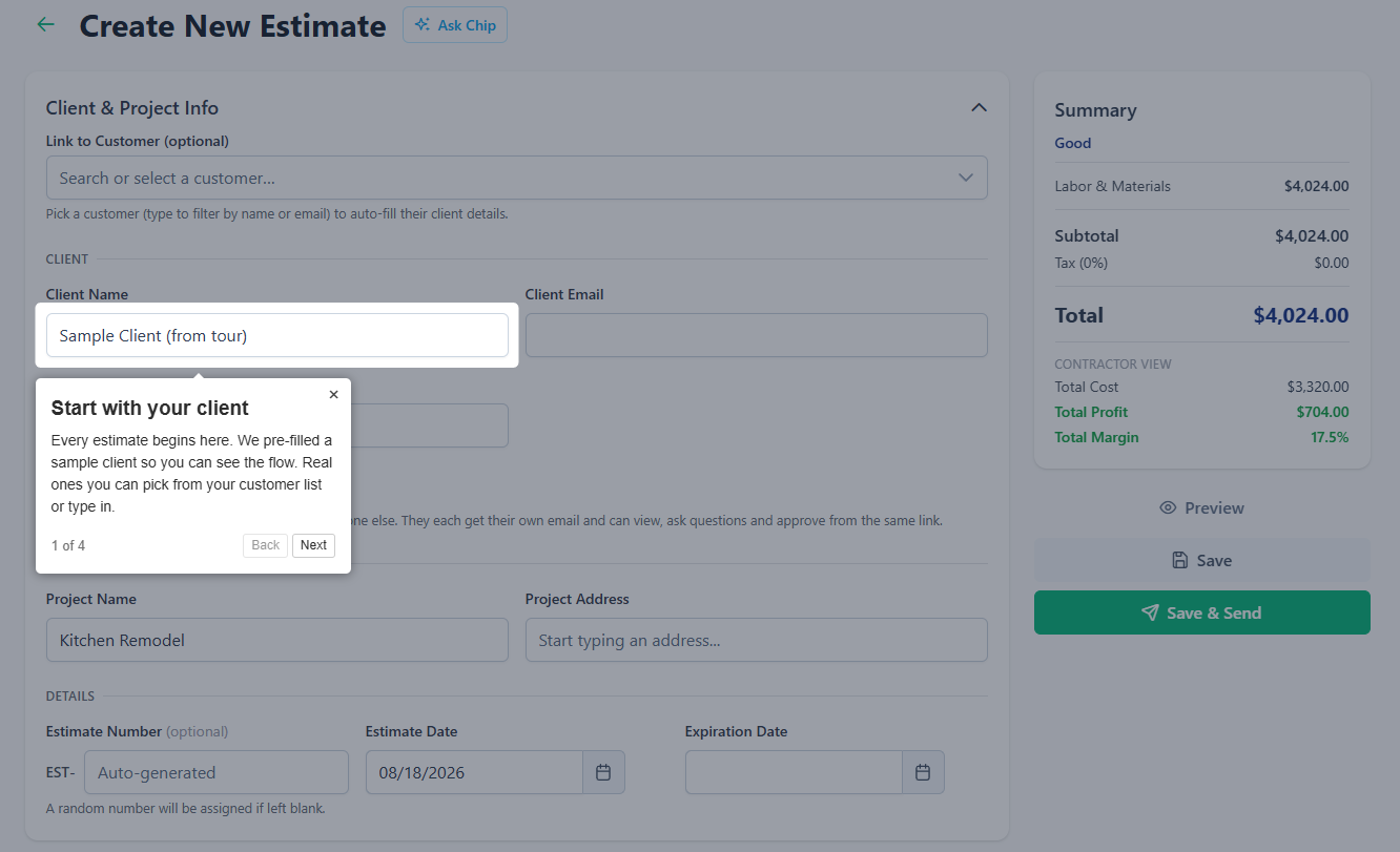 An in-app walkthrough tooltip guiding a new user through the first step of building an estimate