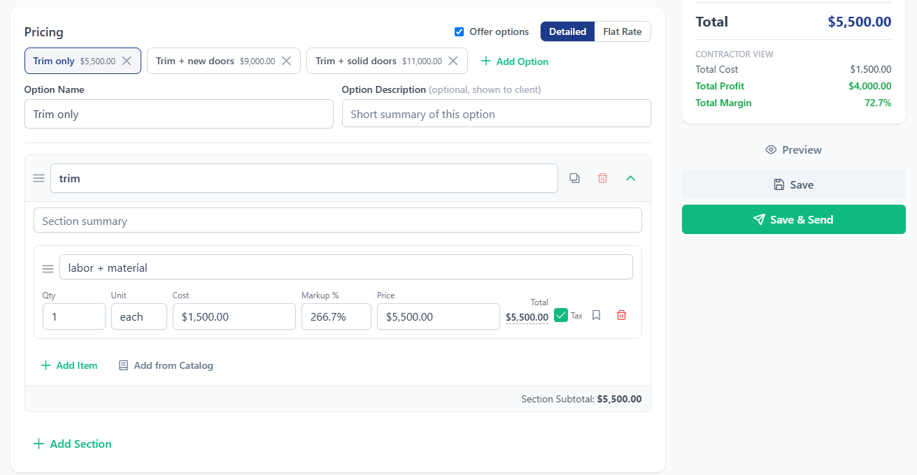 The BuilderBase pricing editor with sections, line items, multiple options and a live cost, profit and margin summary