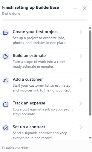 The Finish setting up BuilderBase checklist with six steps, from creating a project to setting up a contract