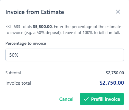 The Invoice from Estimate dialog billing 50 percent of a 5,500 dollar estimate