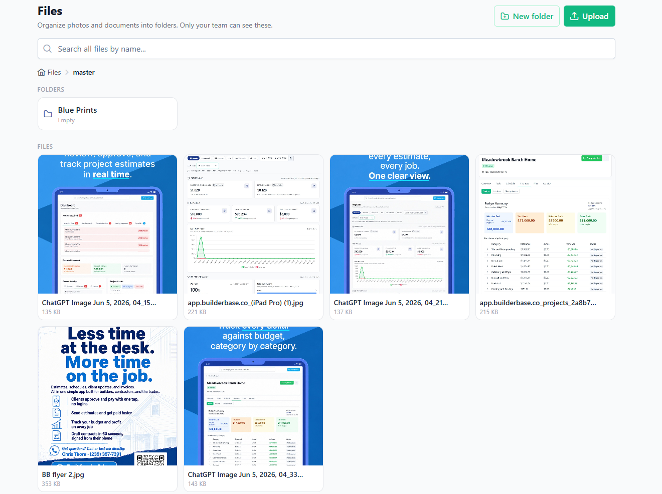 The BuilderBase Files page with a folder, a search box and a grid of uploaded photos and documents