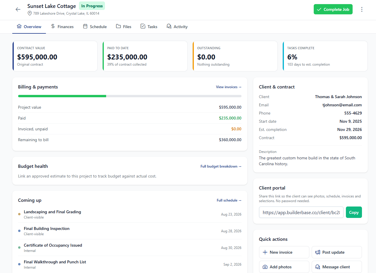 The rebuilt project screen showing contract value, paid to date and outstanding across the top, with billing, budget, schedule and client portal panels below