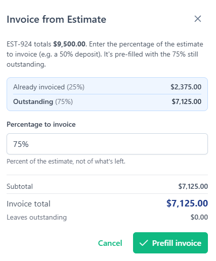 The Invoice from Estimate dialog showing 25 percent already invoiced and 75 percent outstanding, prefilled to invoice the remaining 75 percent