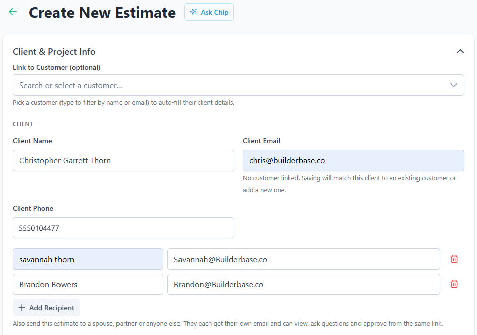 The Create New Estimate form with a client name and email, plus two extra recipient rows each with their own name and email address, and an Add Recipient button