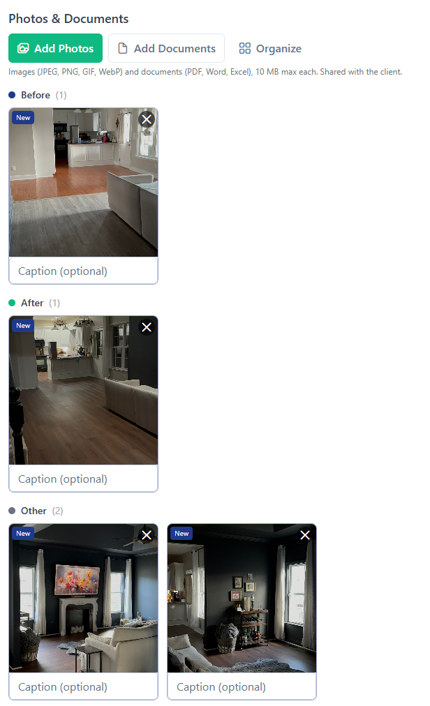 The Photos and Documents panel on an invoice, showing a room before renovation under Before, the finished room under After, and two more photos under Other, with an Organize button above