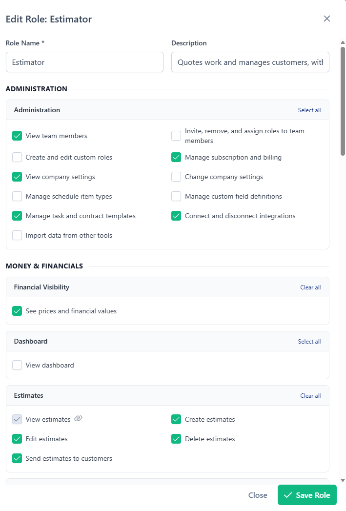 The role editor for a custom Estimator role, with Administration, Financial Visibility and Estimates permission groups and individual view, create, edit, delete and send checkboxes
