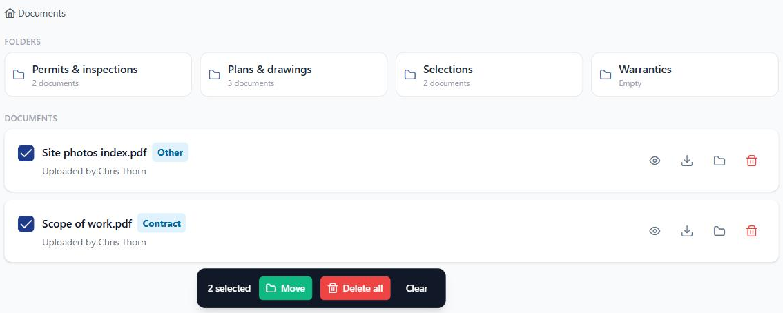 A project Documents tab with folders for permits, plans, selections and warranties, and two selected documents with a Move and Delete all bar