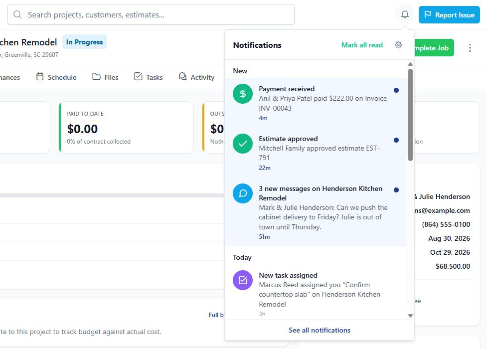 The notification bell dropdown open over a project, showing an unread payment received, an approved estimate and three grouped client messages, with Mark all read and See all notifications