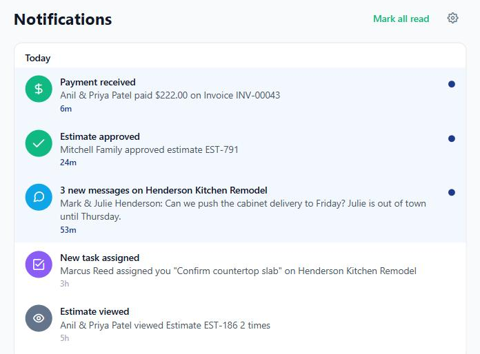 The Notifications page listing a payment, an estimate approval, grouped client messages, a task assignment and an estimate viewed two times